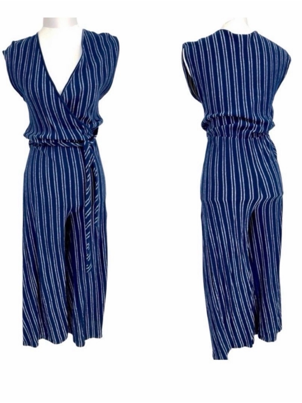 Caution to the Wind Navy & Blue Striped Jumpsuit | Size M